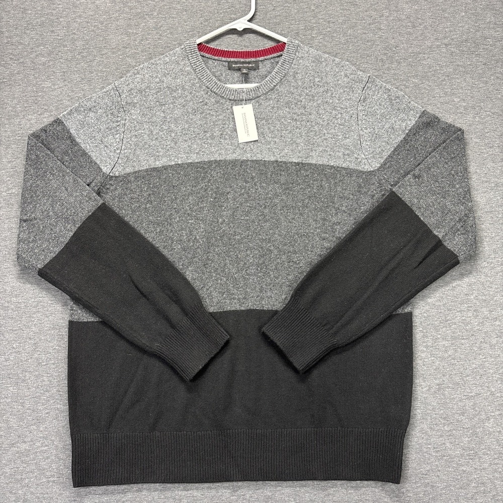 BANANA REPUBLIC EXTRA FINE MERINO WOOL CREW NECK SWEATER MENS XL GRAY BLACK NEW